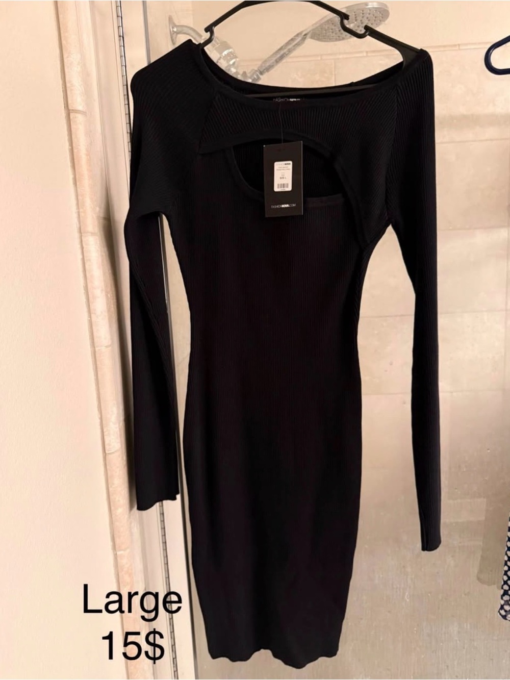 Black Long-Sleeve Ribbed Bodycon Dress - Large